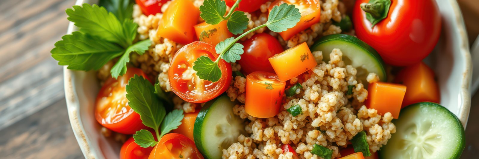 Fresh vegetable salad with quinoa and herbs in a rustic bowl on a wooden table